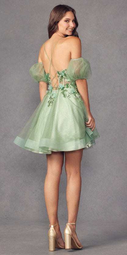 Juliet 901 Short Removable Puff Sleeves A-Line Glitter Tulle Dress