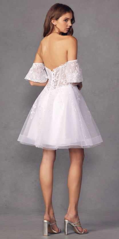 Juliet 909 Short A-Line Glitter Print Dress Removable Short Puff Sleeves