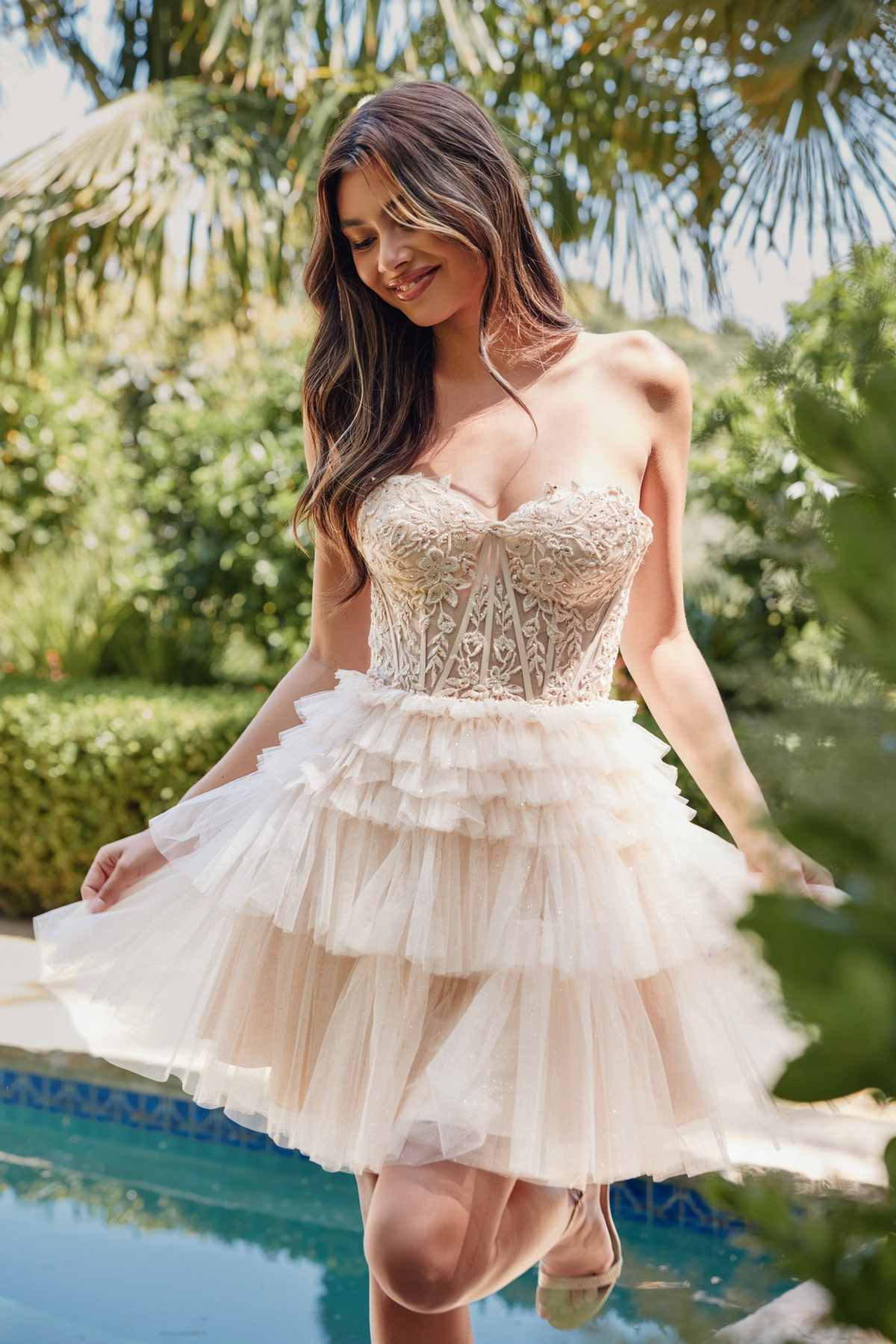 Juliet JT918A Dress Strapless Cocktail Leaf Lace Corset Bodice Ruffle Skirt