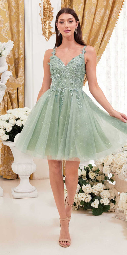 Ladivine 9245 Short A-Line Homecoming Dress with Floral Details