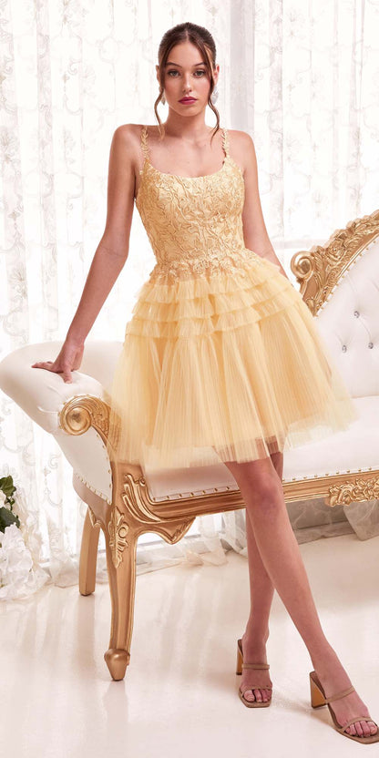 Ladivine 9310 Short A-Line Tiered Tulle Scoop Neckline Cocktail Dress