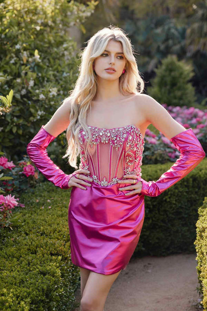 Juliet JT938R Dress Short Fitted Cocktail Metallic Corset Bodice