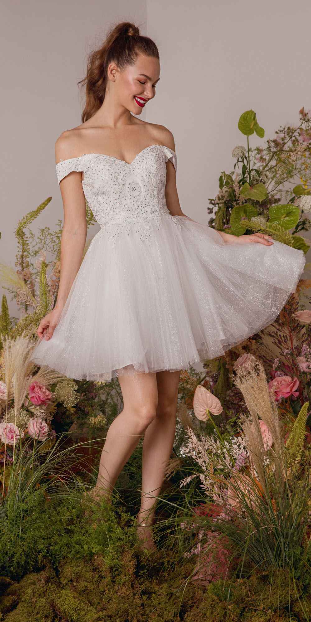 OFERTA ESPECIAL - Vestido corto de malla brillante con hombros descubiertos, línea A - Eureka 9833 (Talla M)