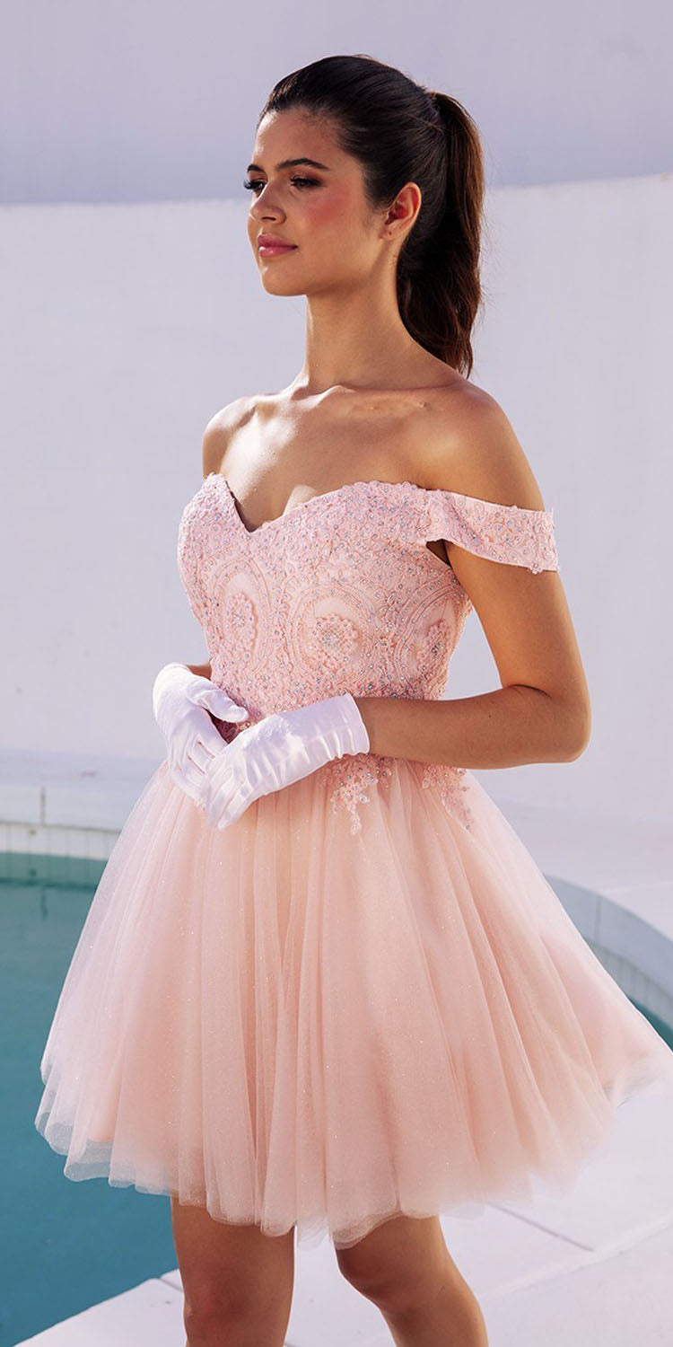 OFERTA ESPECIAL - Vestido corto de malla brillante con hombros descubiertos, línea A - Eureka 9833 (Talla M)