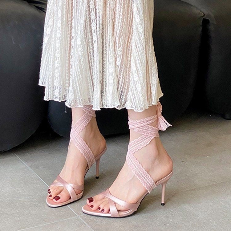 Women Open Toe Lace-up Roman Sandals, 2026 Summer New Elegant Celebrity Style Black Stiletto High Heels