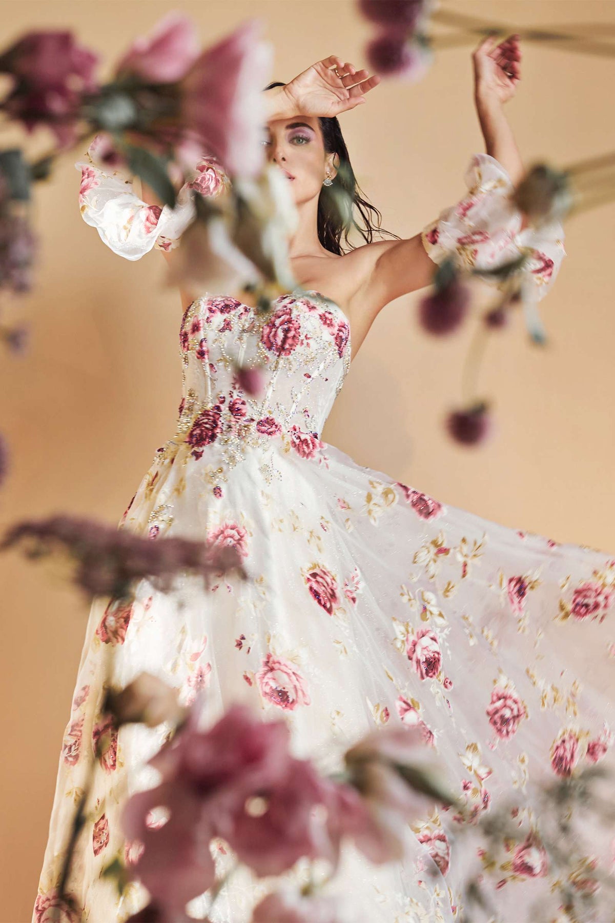 Andrea & Leo A1133 Floor Length Strapless Organza Peony Print Ball Gown