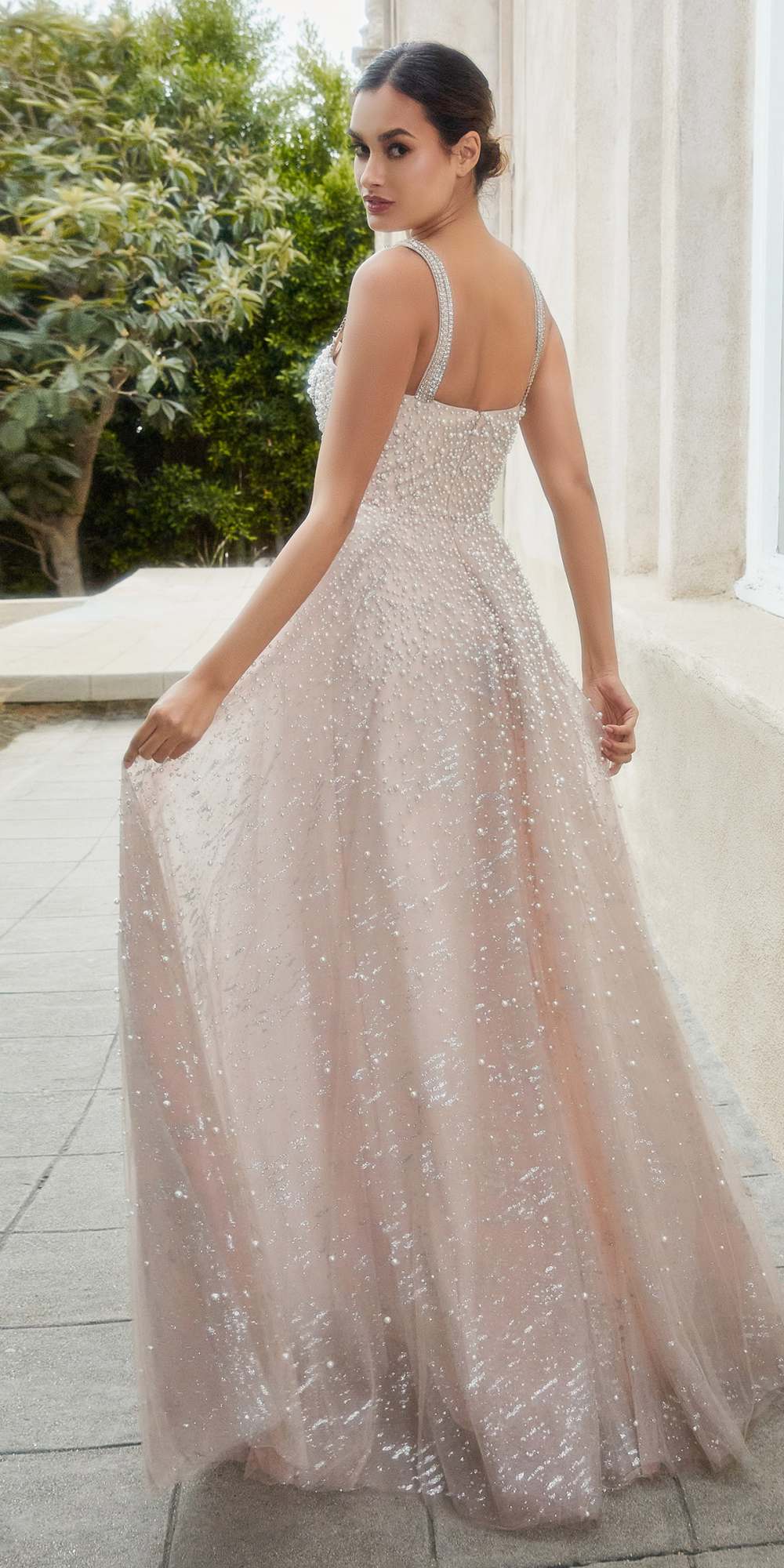 Vestido de gala largo Andrea & Leo A1180 con perlas y tirantes de cristal