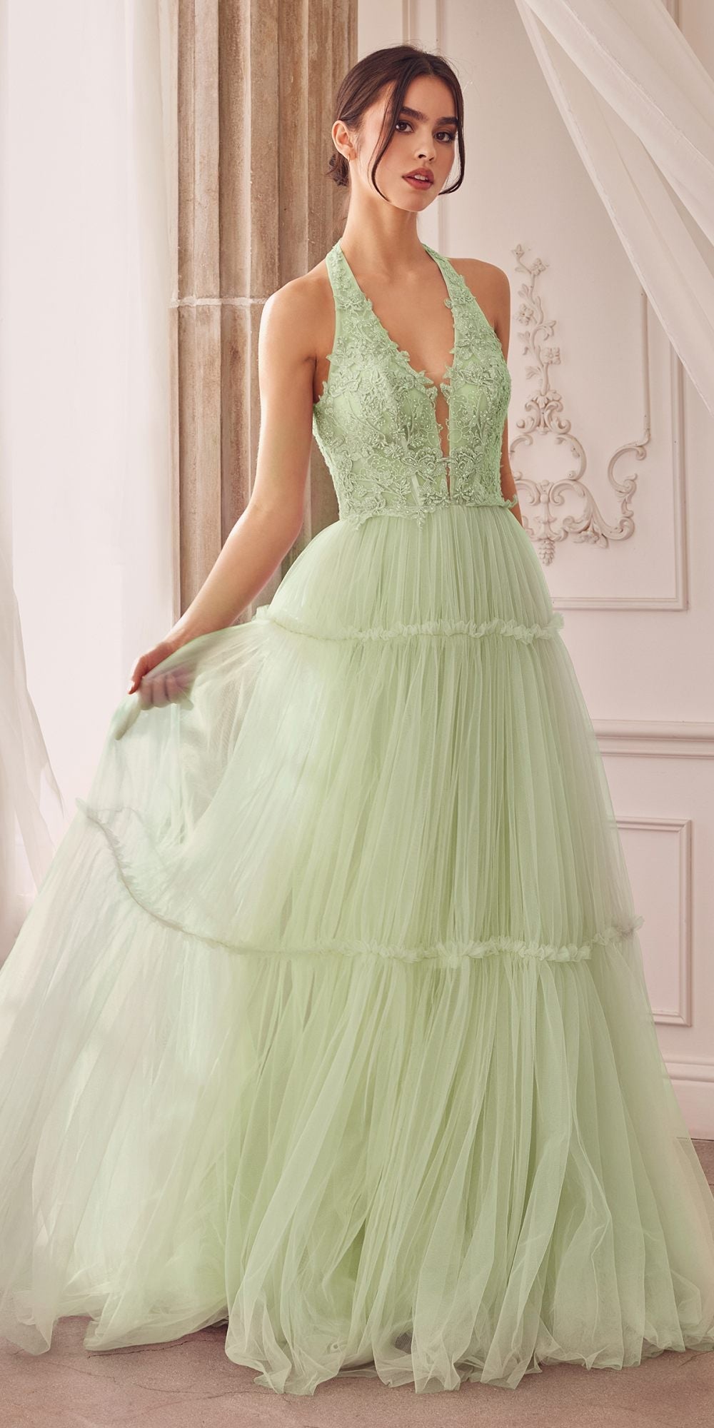 Andrea & Leo A1206 Long A-Line Garden Lace Halter Gown With Tier Skirt