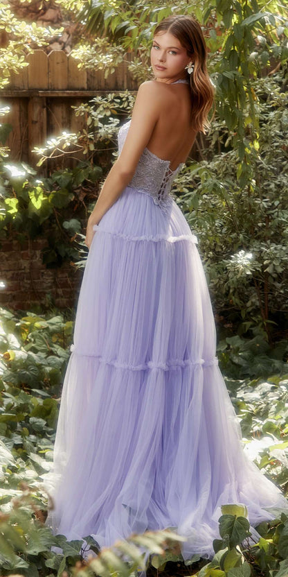 Andrea & Leo A1206 Long A-Line Garden Lace Halter Gown With Tier Skirt
