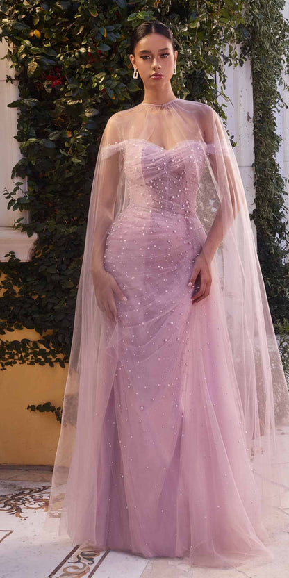 Andrea & Leo A1219 Floor Length Pearl Pleated Tulle Gown with Cape