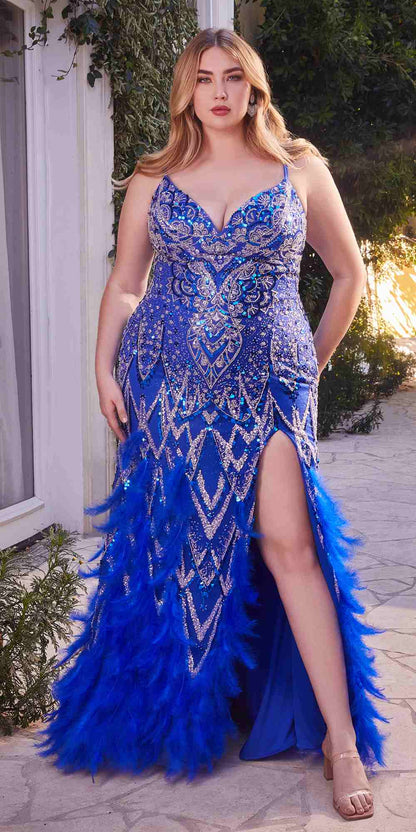 Andrea & Leo A1229 Long Fitted Feather and Bead Embellished Mermaid Gown