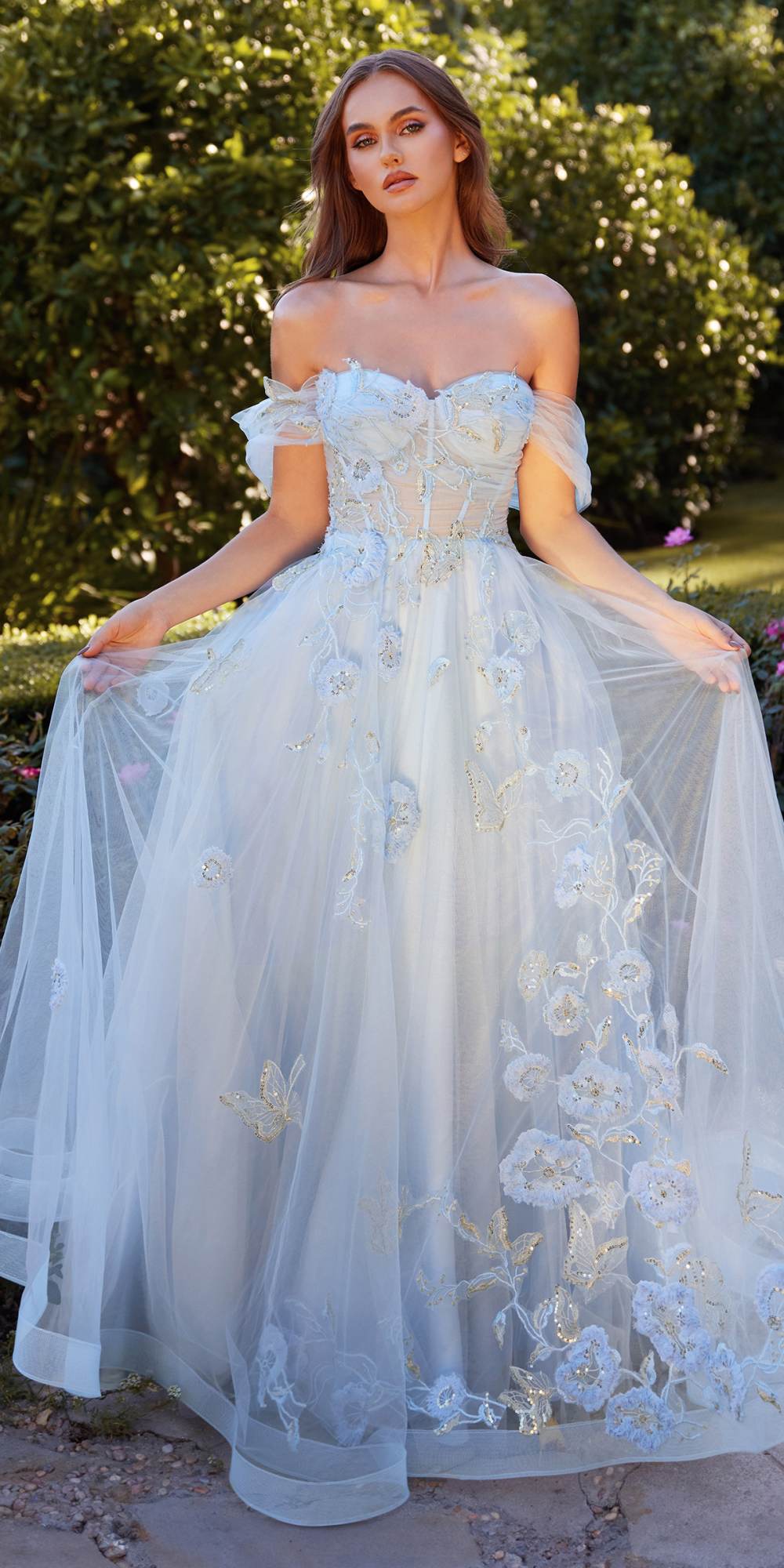 Andrea & Leo A1246 Long Off the Shoulder Floral Applique Tulle Ball Gown