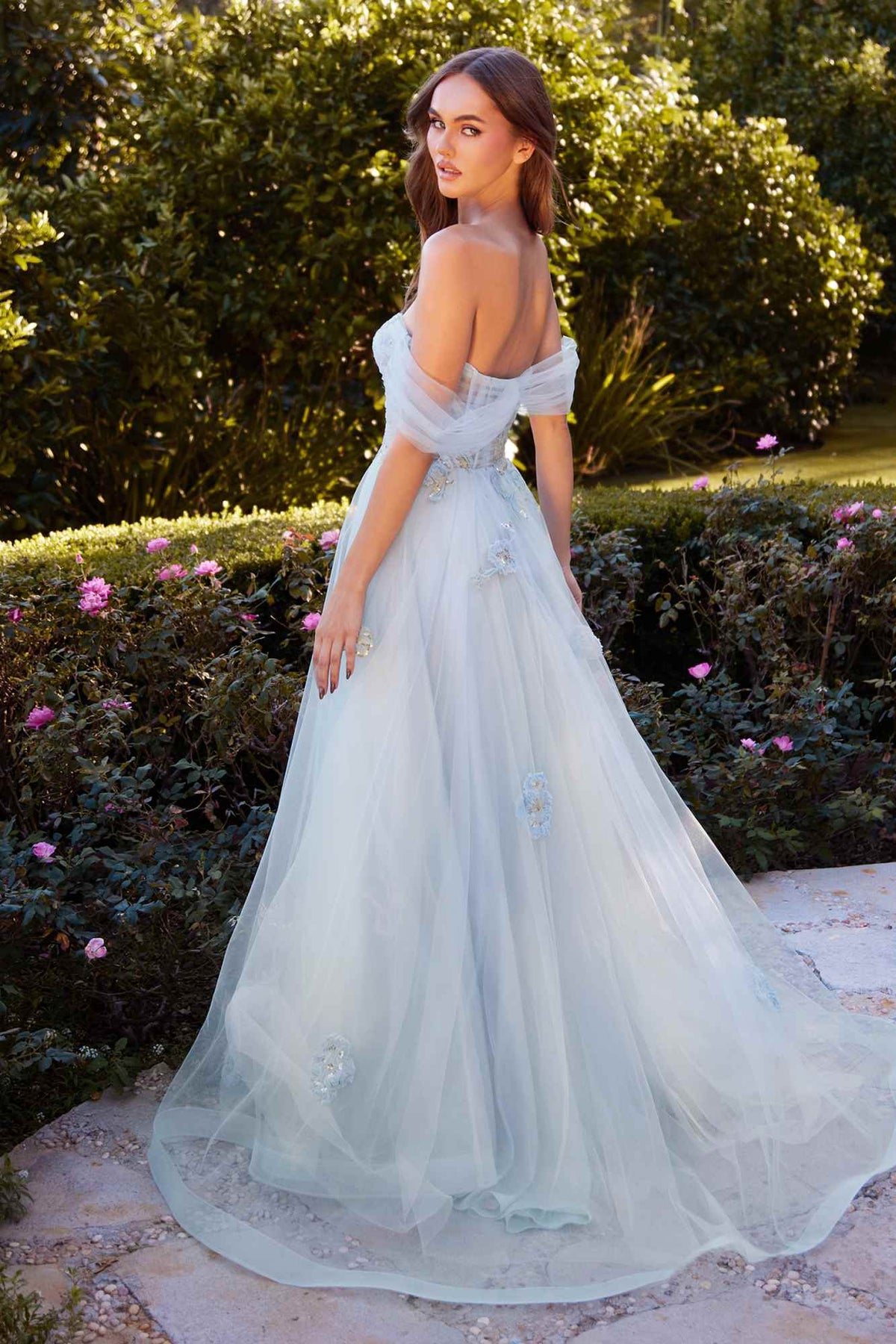 Andrea & Leo A1246 Long Off the Shoulder Floral Applique Tulle Ball Gown