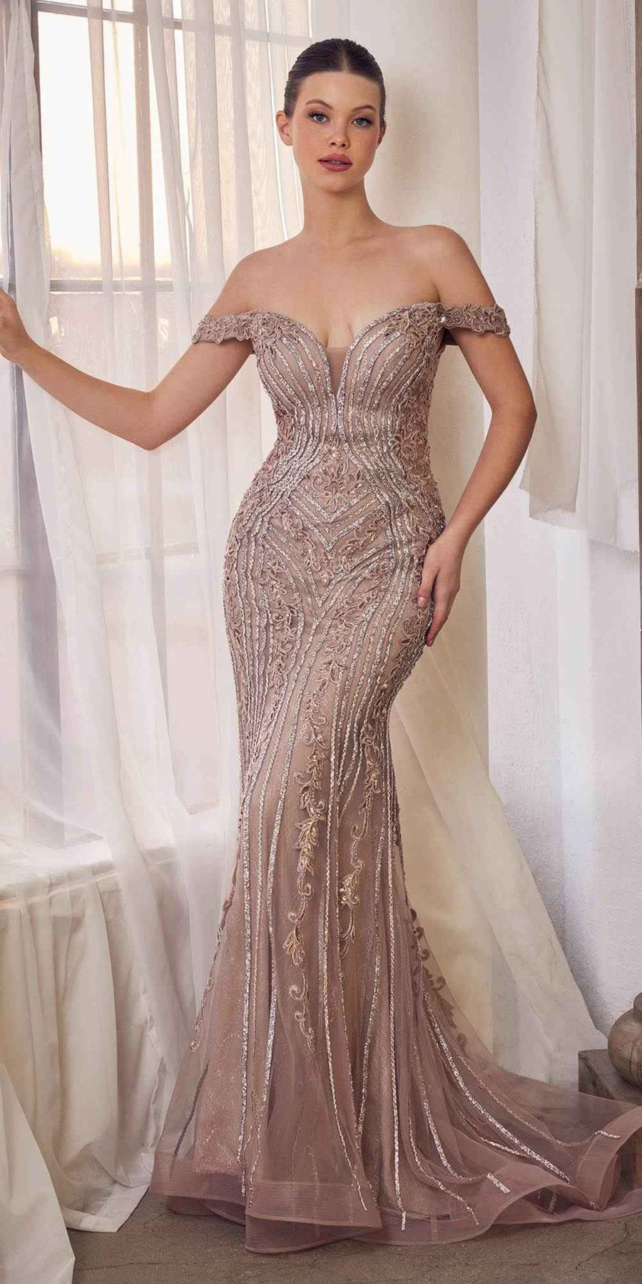 CLEARANCE - Andrea & Leo A1257 Long Off the Shoulder Dusty Mauve Gown (Size 4)