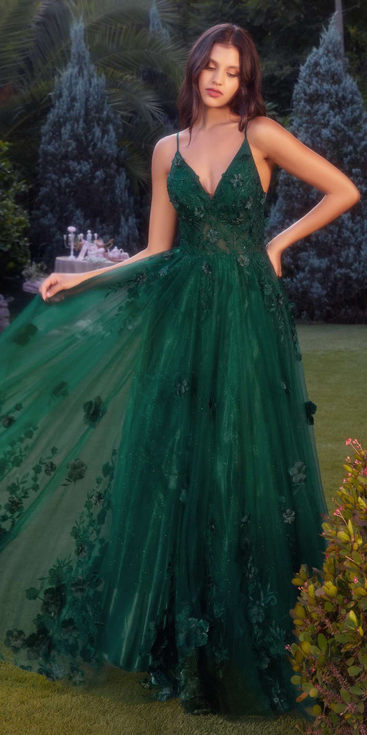 Andrea & Leo A1326 Long Tulle A-Line Floral Applique Gown