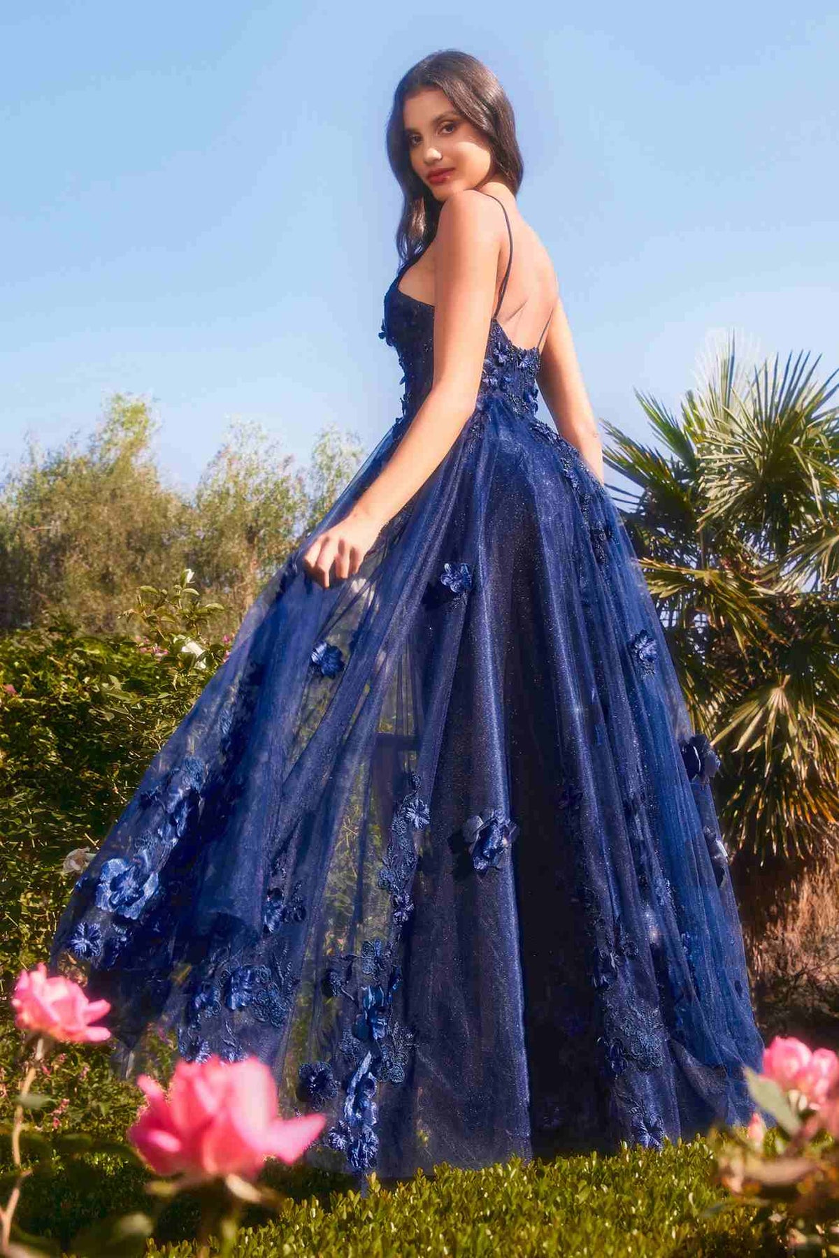 Andrea & Leo A1326 Long Tulle A-Line Floral Applique Gown