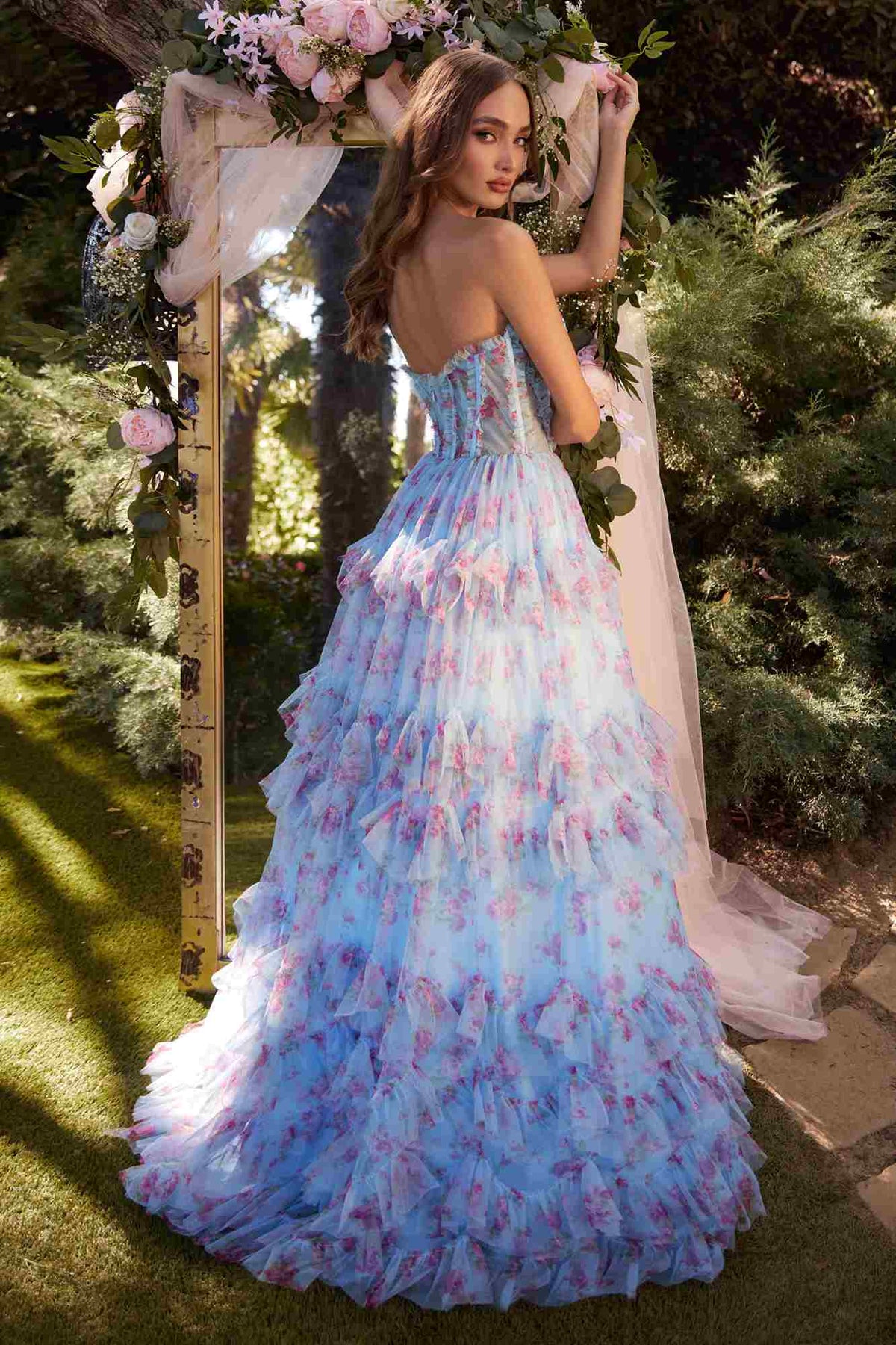 Andrea & Leo A1334 Long Floral Printed Strapless Tiered Skirt Dress