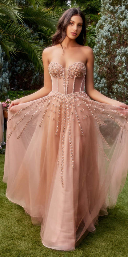Andrea & Leo A1338 Long Strapless Beaded Gown with Bow Arm Bands