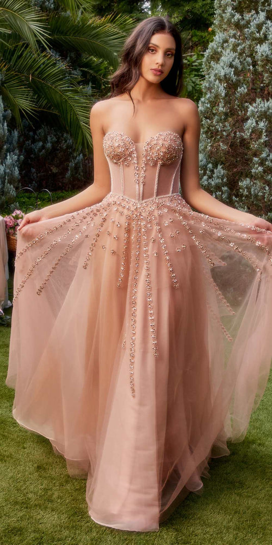 Andrea & Leo A1338 Long Strapless Beaded Gown with Bow Arm Bands