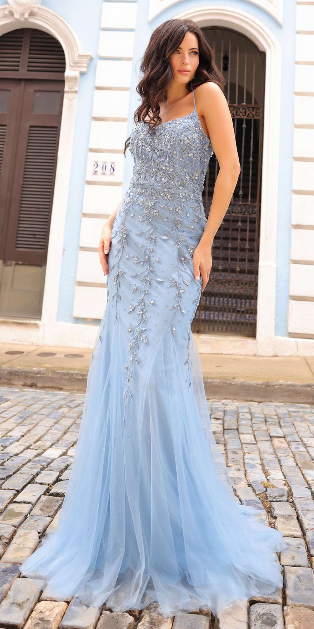 Nox Anabel A1376 - Vestido largo de sirena ajustado con espalda abierta con cordones y encaje