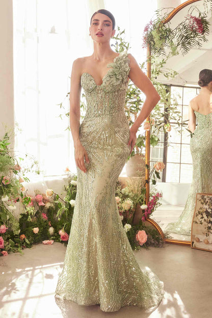 Andrea & Leo A1392 Dress One Shoulder Fully Beaded Floral Motif Gown