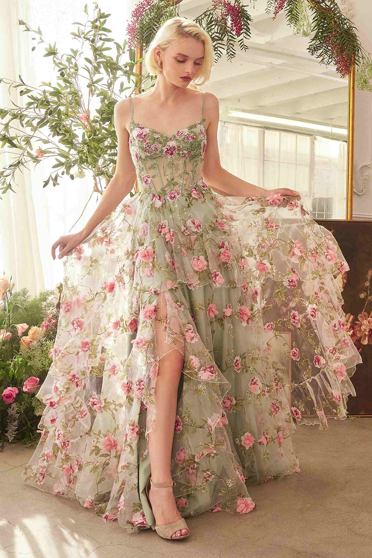 Andrea & Leo A1420 Dress Sage Floral Print Layered A-Line Gown