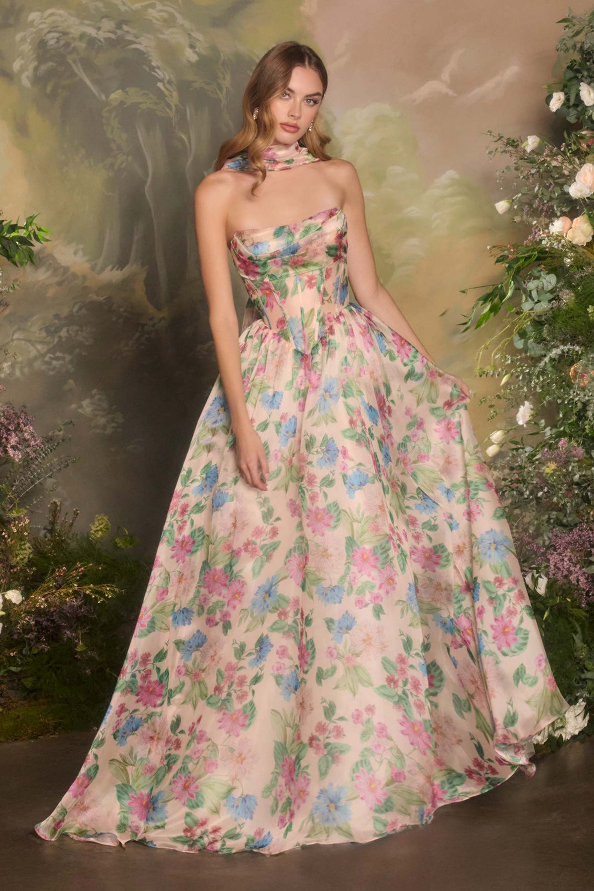 Andrea & Leo A1425 Long A-Line Strapless Corset Bodice Floral Print Gown
