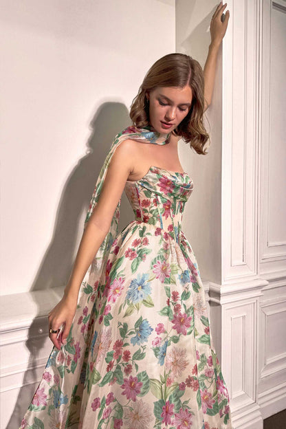 Andrea & Leo A1425 Long A-Line Strapless Corset Bodice Floral Print Gown