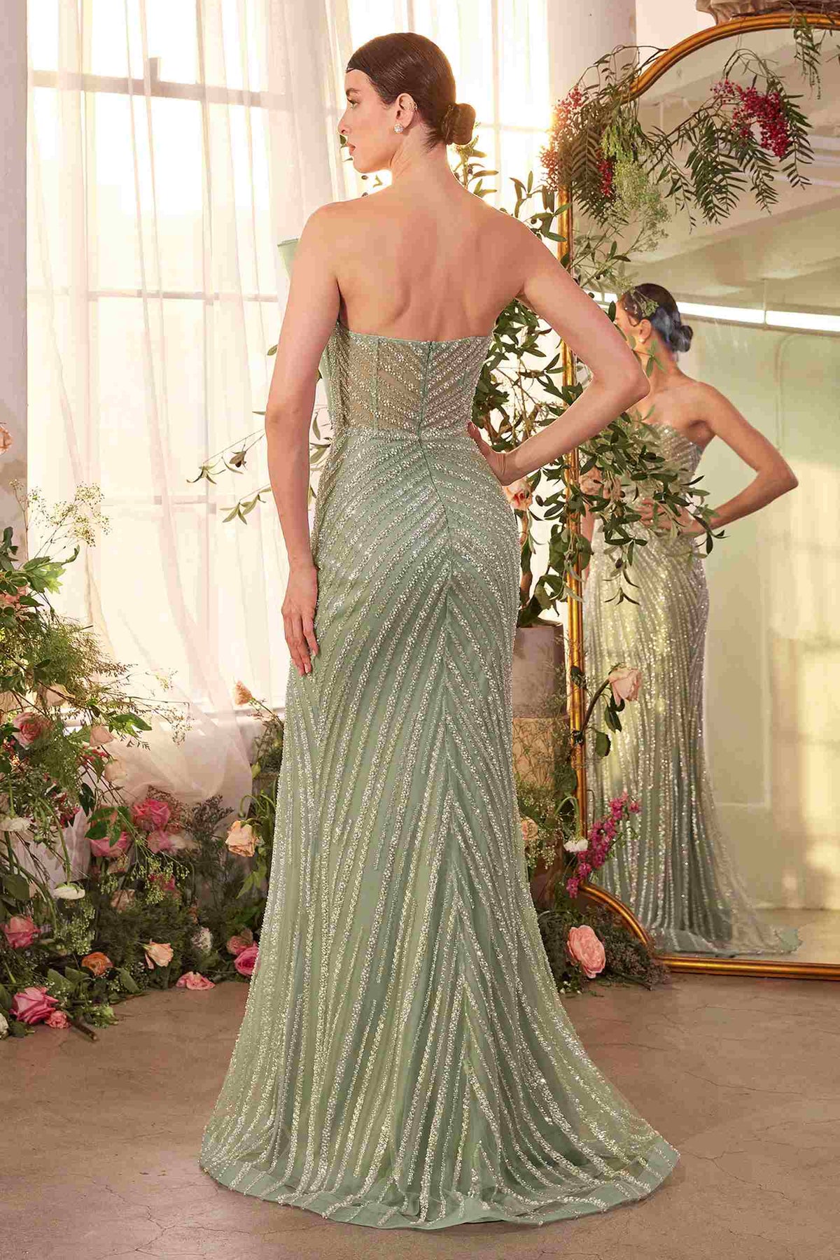 Andrea & Leo A1436 Dress Pleated Fan Bodice Fitted Pearl Gown