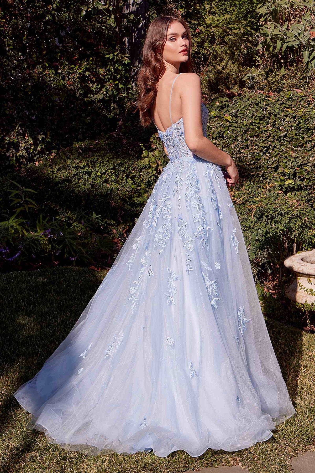 Andrea & Leo A1437 Dress Light Blue Leaf Motif Appliqued A-Line Gown