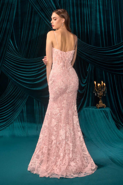 Andrea & Leo A1499 Ethereal Floral Lace Thigh High Slit Fitted Lace Gown