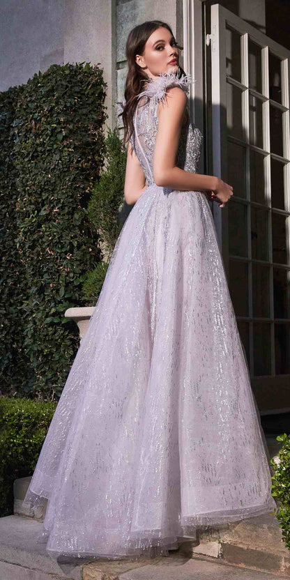 Cinderella Divine B704 Feathered Shoulder Tulle A-Line Ball Gown