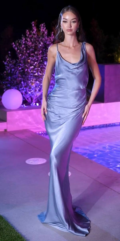 Ladivine BD7045 Long Satin Draped Back Dress Cowl Neckline