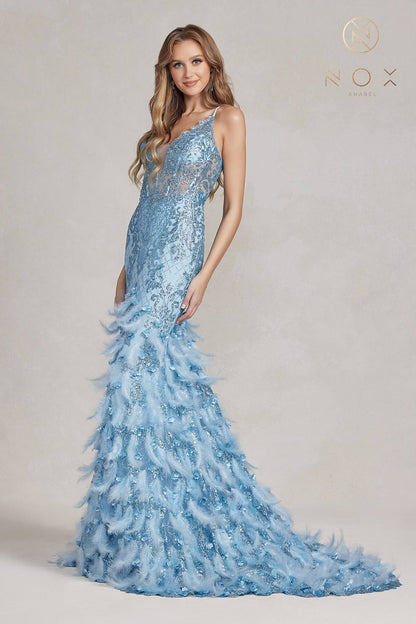 Nox Anabel C1111 Glitter Feather Skirt Mermaid Gown
