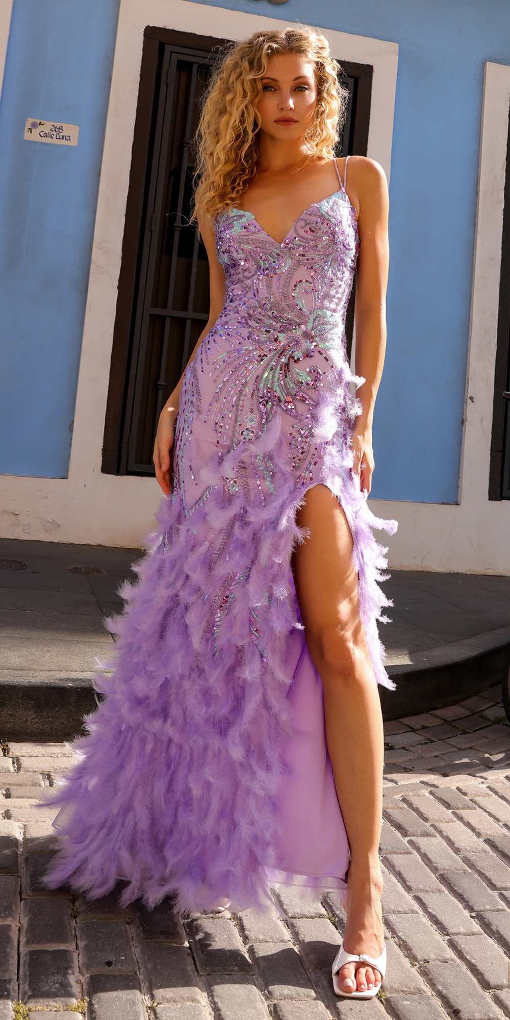 Vestido largo Nox Anabel C1413 de lentejuelas, apliques bordados, ajustado y de plumas