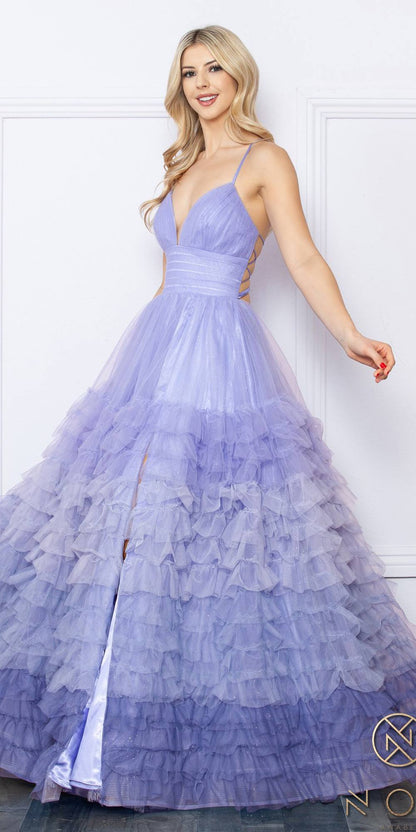 Nox Anabel C1420 Long Ombre Tiered Ruffled Skirt A-Line Slit Gown