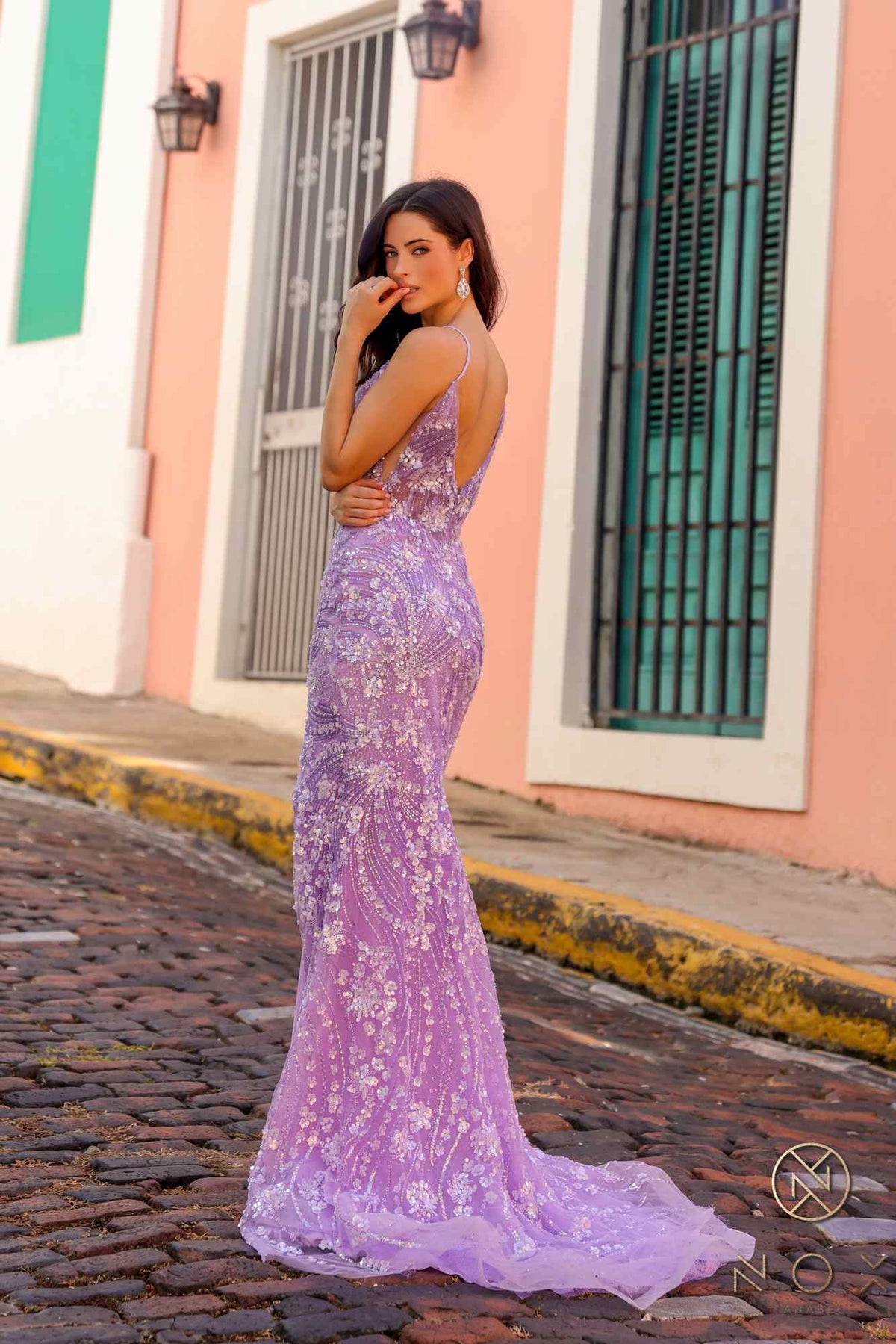 Nox Anabel C1458 Vestido Ajustado Largo con Corsé de Lentejuelas Florales