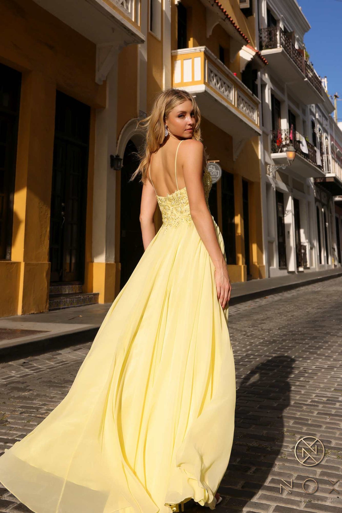 Nox Anabel C1462 Long A-Line Flowy Chiffon Embroidered Lace Dress