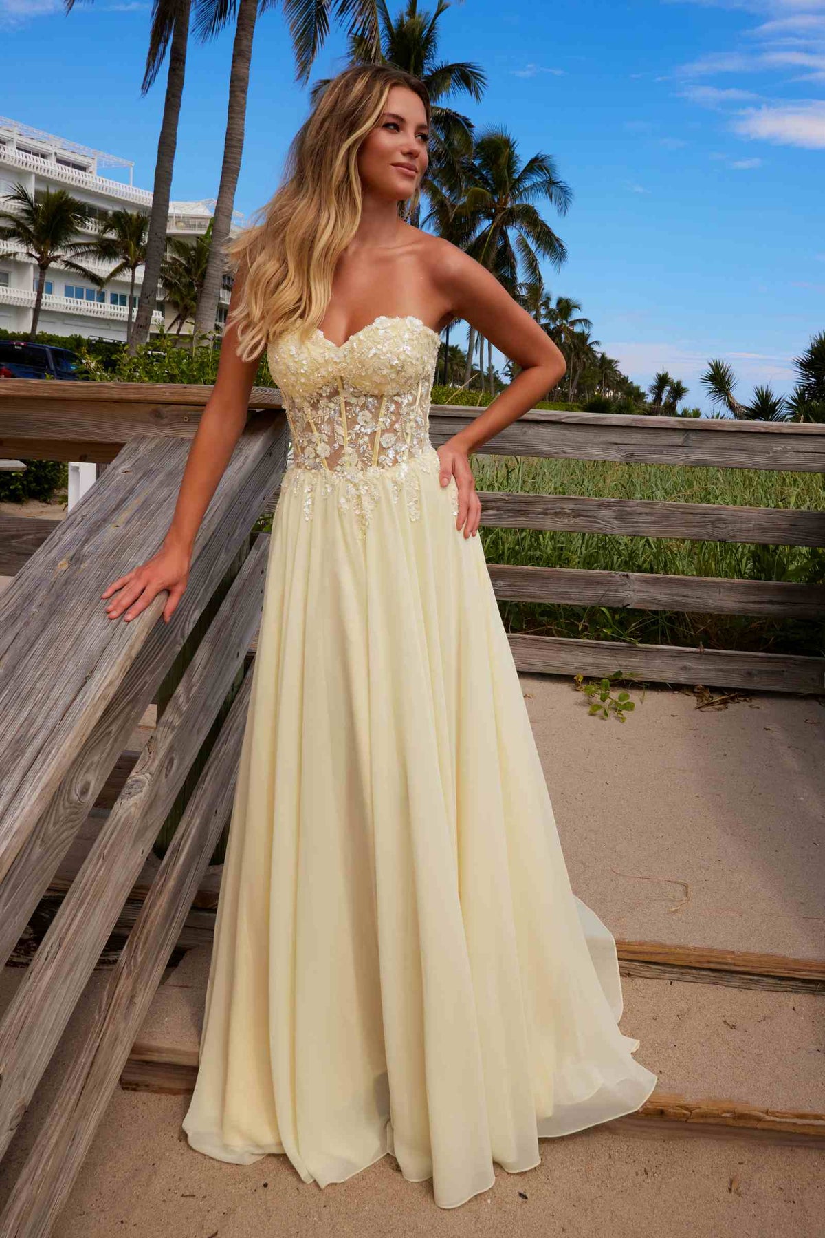 Vestido Nox Anabel C1617 sin tirantes, corsé con apliques y falda de gasa