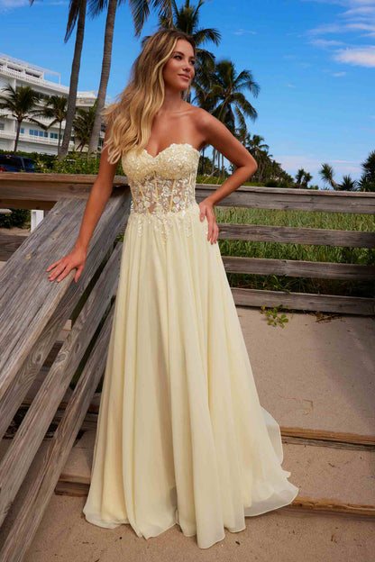Nox Anabel C1617 Strapless Applique Corset with Chiffon Skirt Dress