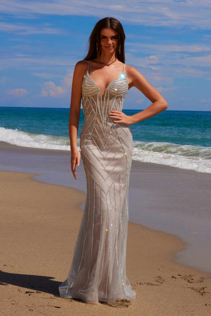 Nox Anabel C1632 Applique Tulle Gown Lace-Up Back Dress
