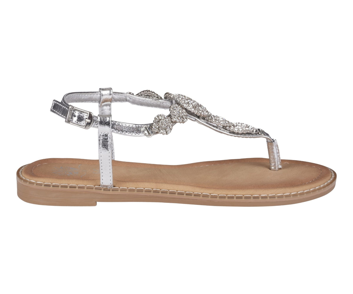 Cali Silver Jeweled T-Strap Slingback Flat Sandals