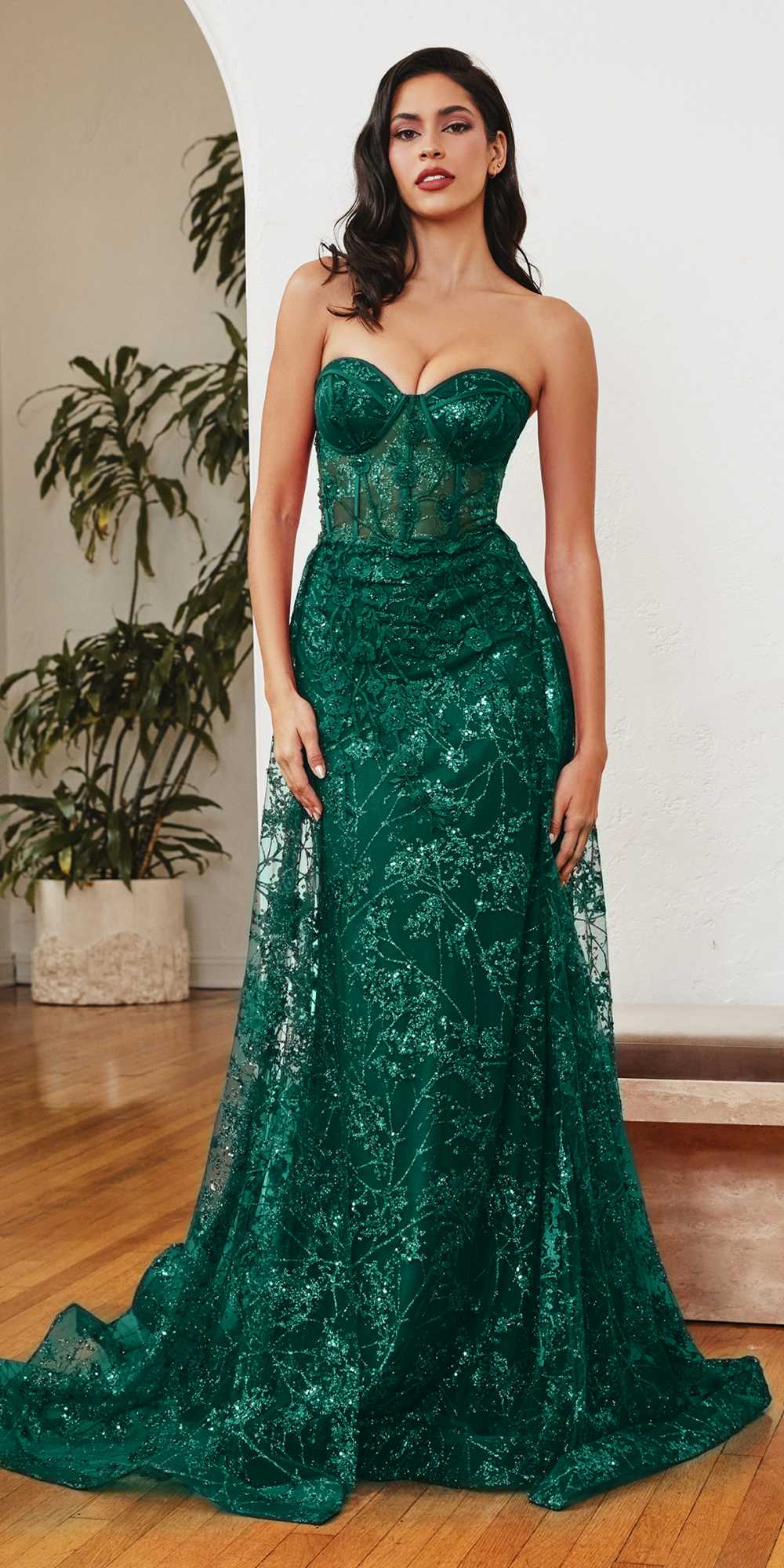 Ladivine CB046 Strapless Fitted Gown Floral Applique And Glitter Tulle Overskirt