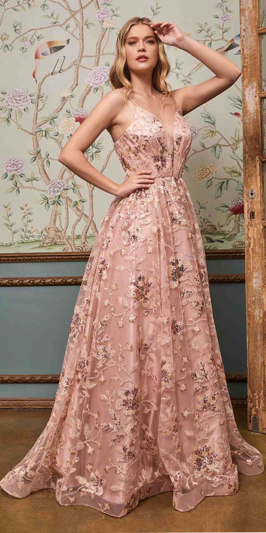 Cinderella Divine CB073 Floor Length Luminescent Floral Sequin Print Ball Gown