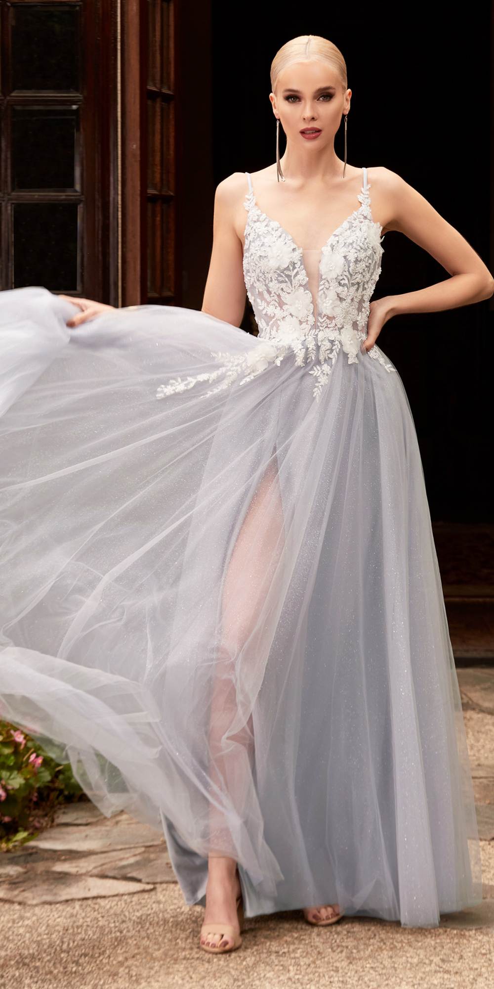 Cinderella Divine CB075 Long Floral A-Line Tulle Gown