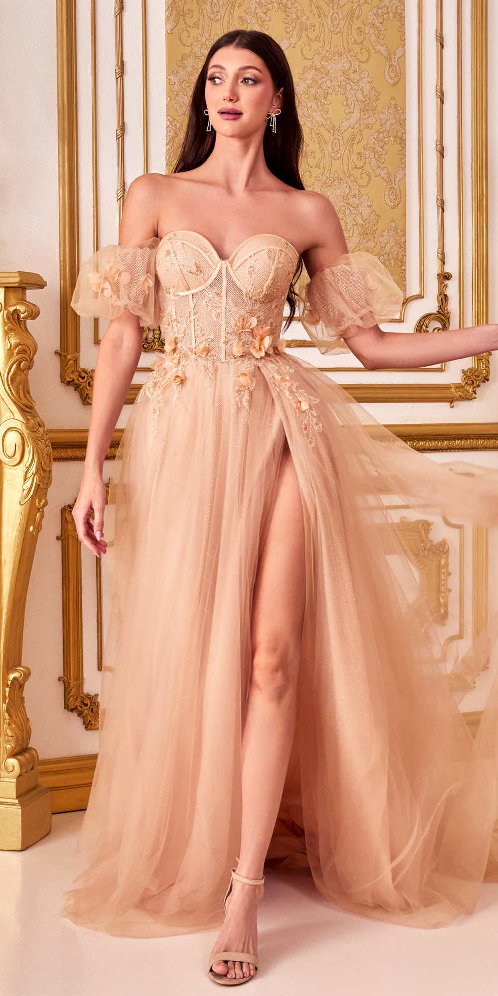 Cinderella Divine CB080 Vestido Largo de Gala sin Tirantes de Tul con Flores