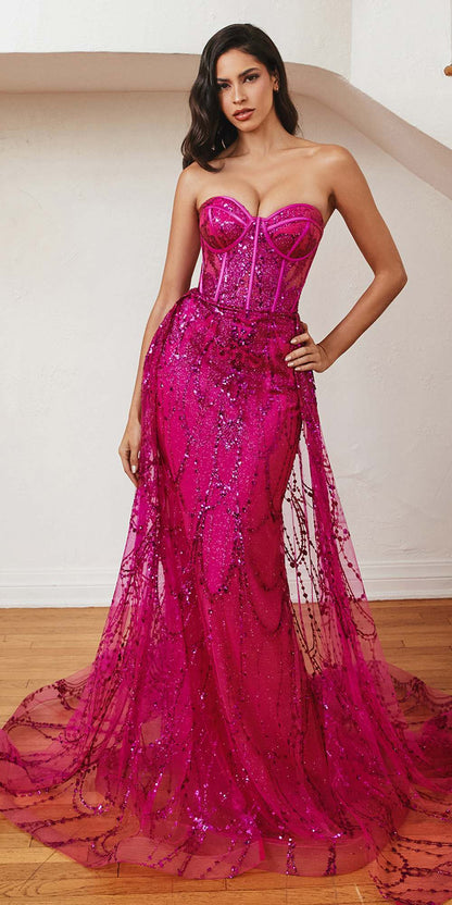 Cinderella Divine CB095 Strapless Lace Fitted Gown with Over Skirt