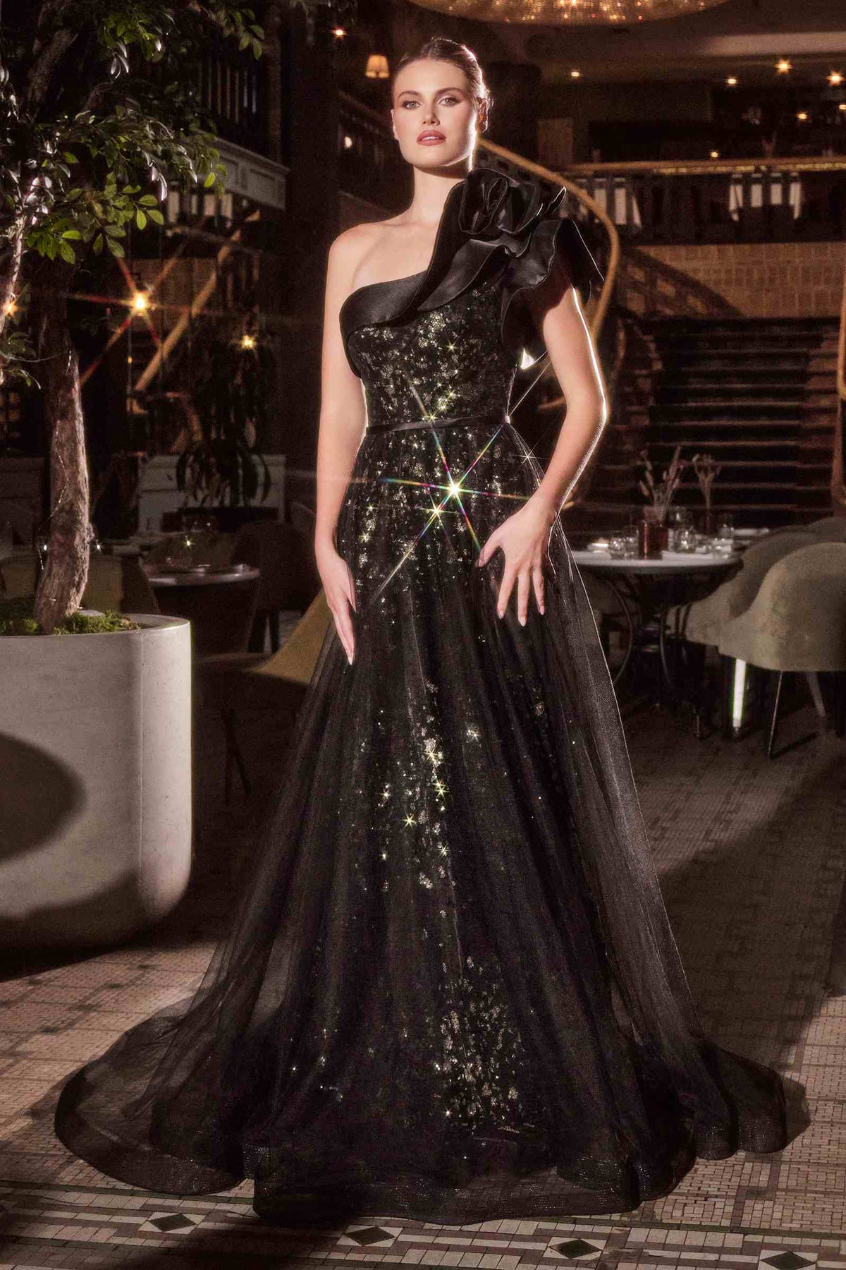 Ladivine CB157 Dress One Shoulder Black Ball Gown