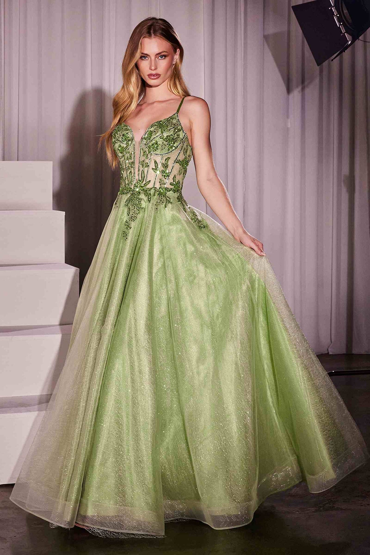 Ladivine CC0881 Dress A-Line Layered Tulle Gown & Lace Embellished Bodice