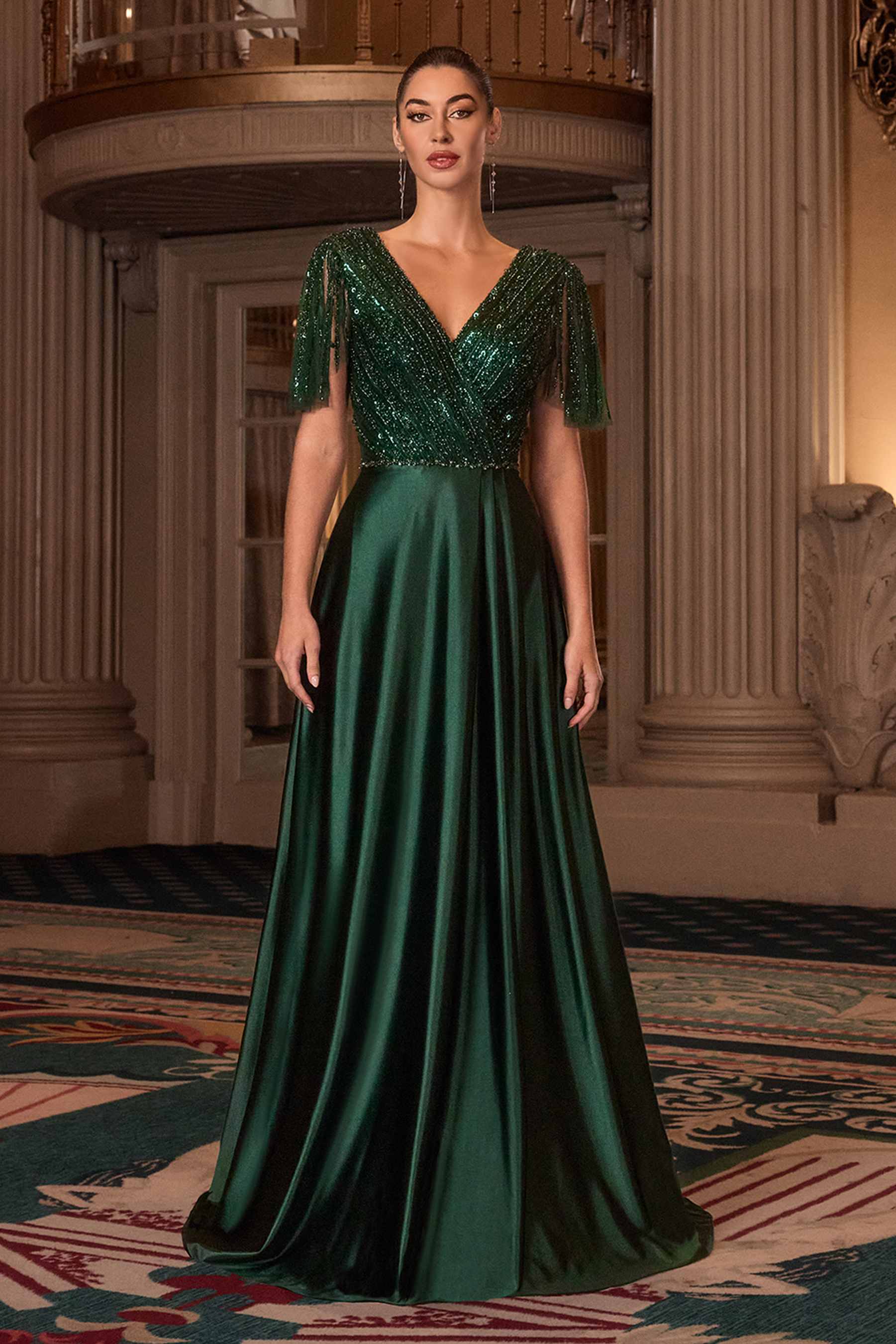 Ladivine CC447 Flutter Sleeves V-Neckline A-Line Satin Evening Gown